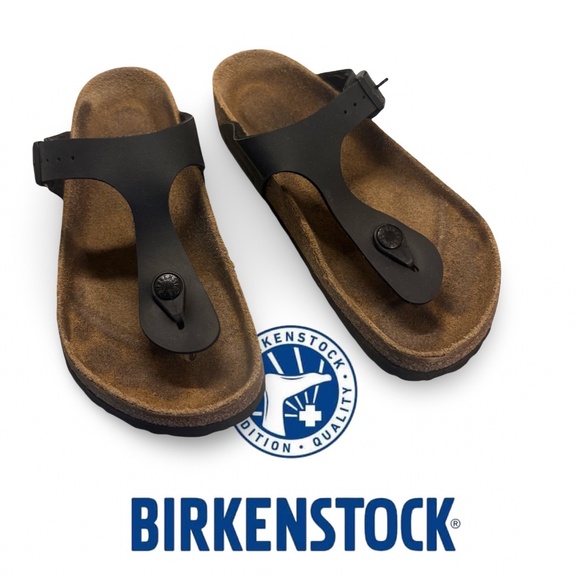 Birkenstock Black Strap Sandals with Brown Footbed - Picture 1 of 15